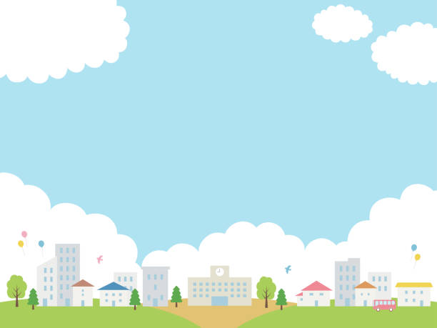 ilustrações de stock, clip art, desenhos animados e ícones de background frame of a cityscape with a school - ônibus de dois andares
