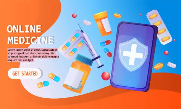 Vector illustration of Online medicine concept banner with smartphone. Different medical pills and drugs for health care shopping. Online shop pharmacy. Drug store. Vector illustration in flat style