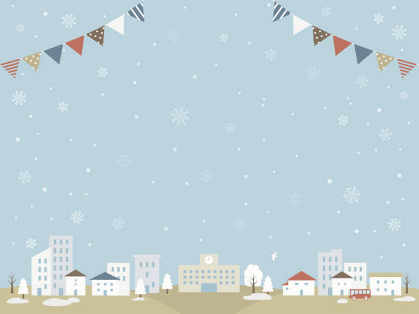 ilustrações de stock, clip art, desenhos animados e ícones de winter cityscape and garland background - ônibus de dois andares