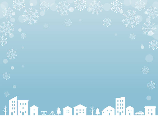 ilustrações de stock, clip art, desenhos animados e ícones de winter cityscape and snowflake background frame - ônibus de dois andares