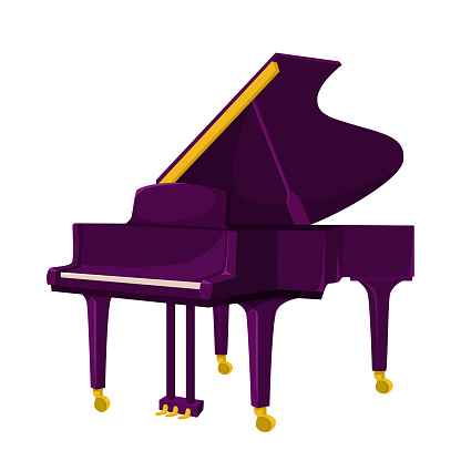 Musical instrument purple grand piano with golden wheels. Classical orchestra instrument isolated on white background. Flat style design icon. Violet color special version design. vector illustration