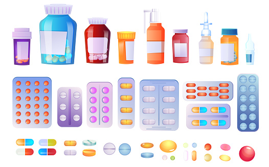 Set of different medical pills and bottles isolated on white background. Icon for Healthcare and shopping concept. Online shop pharmacy web sign. Drug store. Vector illustration in flat style