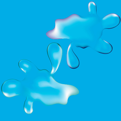 Realistic liquid puddle water drops isolated on blue background. Transparent drops of pure water, blue cosmetic serum or gel on top view, vector realistic set