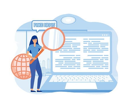 woman with magnifying glass research on fake news spreads in social media. flat vector modern illustration