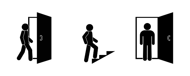 exit, entrance and stairs, person and door icons set, illustration of people leaving