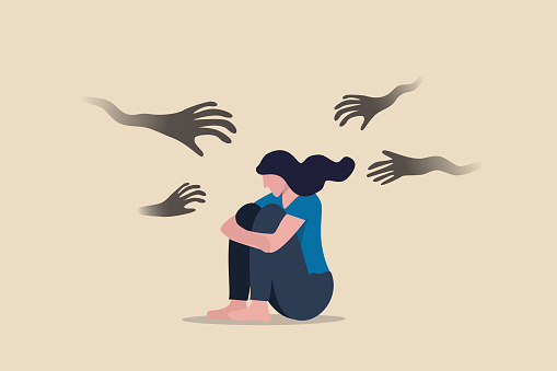 Woman abuse victim, violence or sexual harassment fear, depression or anxiety problem, social bullying or marriage suffering concept, solitude depressed woman victim sitting with abusive hands.