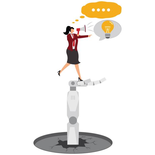 ilustrações, clipart, desenhos animados e ícones de engenheira empresária com megafone no braço robótico, vista lateral, parceria, inteligência artificial para beneficiar pessoas e sociedade - announcement message robot public speaker message
