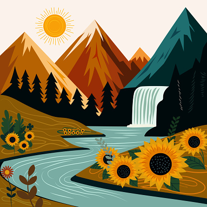 Summer mountains landscape with waterfall and blue river. Valley with yellow blooming sunflowers. Colorful wild flora. Artistic drawing of mountain forest. Countryside poster. Vector illustration