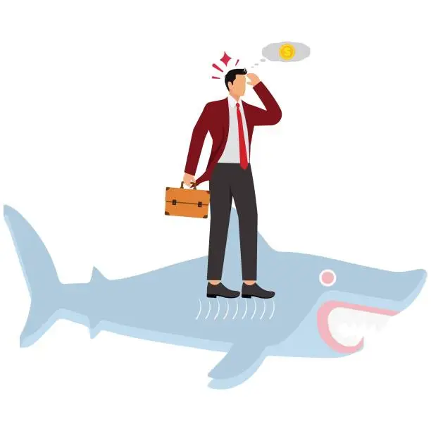 Vector illustration of Successful businessman has a shark shadow, he always thinks like a shark