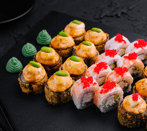 istock tempura shrimp sushi roll top view 1987029933