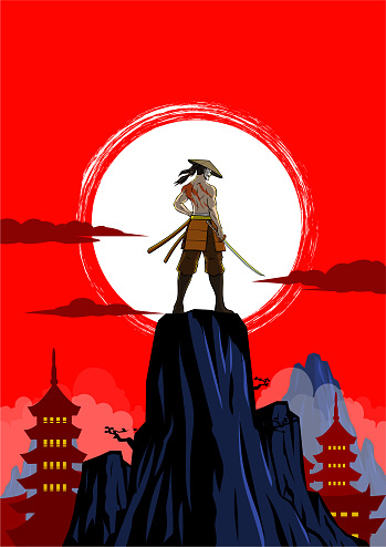 A rear-view vector illustration of a samurai with Japanese setting the background. Easy to grab and edit. Wide space available for your text or copy.