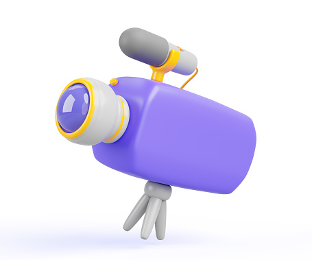 Movie camera 3d render icon. Cartoon purple camcorder with microphone and tripod for film production studio and television. Isolated equipment for video recording professional cinema