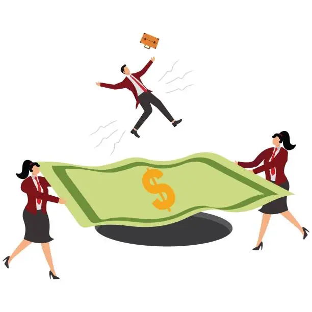 Vector illustration of Two businesswoman holding paper currency as a safety net to rescue a falling woman