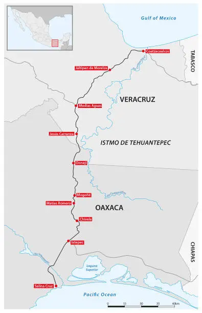 Vector illustration of Vector map of Tehuantepec Railway, Mexico