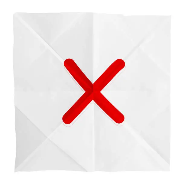 Vector illustration of White coloured crumpled crushed wrinkled paper horizontal vector backgrounds with folds, and creases all over like a plain blank empty waste page with cut torn uneven edges and one big X or cross mark for rejection, forbidden, refusal, NO or wrong symbol