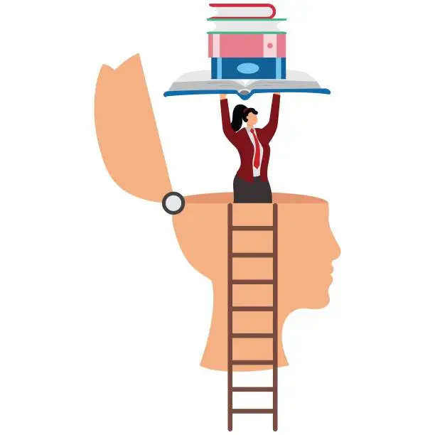 Vector illustration of Businesswoman head opens and stretches out a hand holding a book