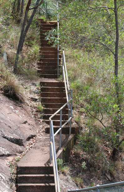 Steep stairs bordered by natural bush, start of Mt Edwards walking track, Moogerah Dam. stock photo