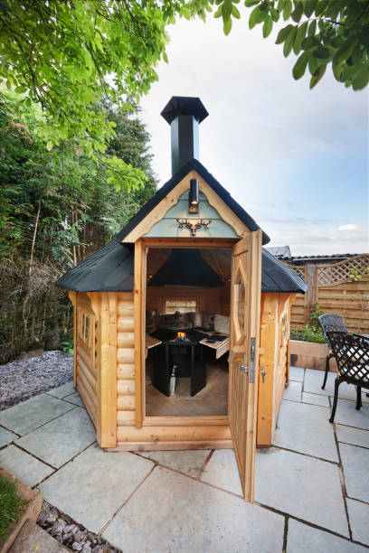 istock Fire pit, backyard and outdoor architecture for holiday, vacation and getaway resort with empty bungalow. Flame, burning and cozy, winter retreat with decor, lounge room or fireplace for hospitality 1987051813