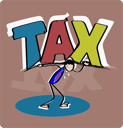 Tax time reminder stock photo, Illustration of a man carrying the burden of tax.  The word tax. Metaphor. Linear style. Taxes crush business. Businessman under the TAX, Businessman bending under TAX.  concept of risk and financial.