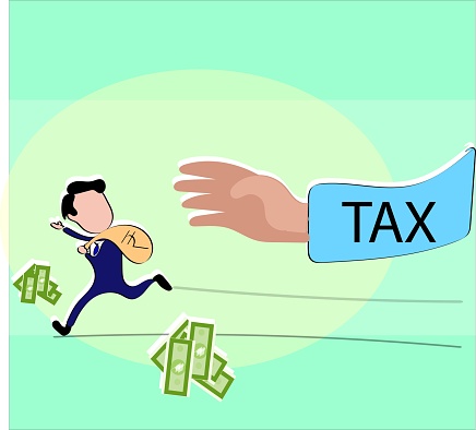 A vector illustration of businessman running away from tax for tax concept. Businessman running away from tax