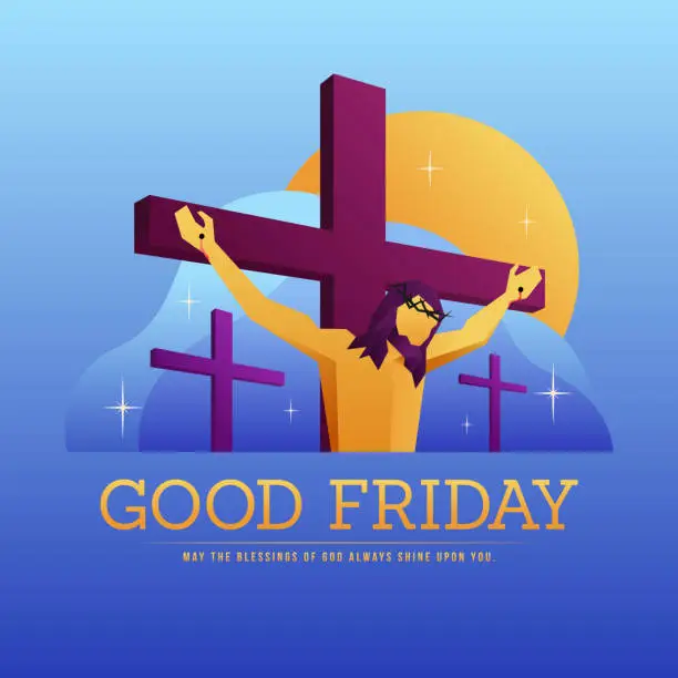 Vector illustration of Good friday - Abstract shape jesus christ crucified and three cross on sun and star light around on blue background vector design