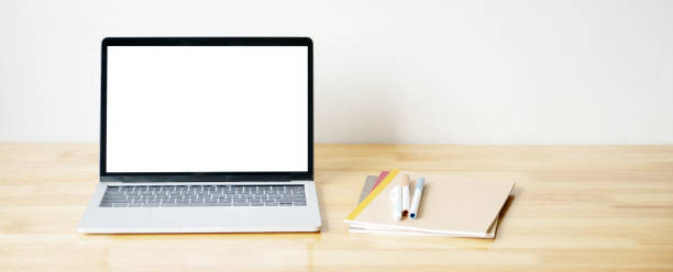 istock Laptop computer with blank screen mockup, template background, Business online, e commerce, online study concept 1987064799