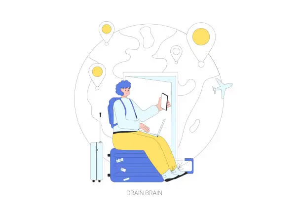 Vector illustration of Drain brain migration. Digital nomad. Young person sitting on the suitcase and working online.