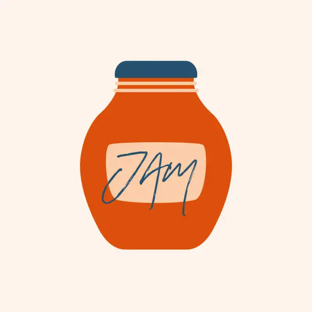 Vector illustration of Jar with jam. Happy sweet moment. Cute kawaii illustration with village aesthetics in flat design. Cartoon minimalist cozy clip art. Cottagecore.
