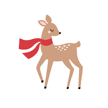 Cute hand drawn vector deer with scarf. Perfect for tee shirt logo, greeting card, poster, invitation or print design.