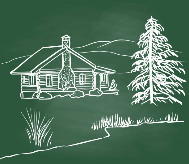 Log House Western Chalkboard Log house in a charming prairie setting with a pine and a pond next to the house. Sketch illustration washington state line art stock illustrations