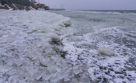 Round and pancaked ice near the shore of the frozen Black Sea, harsh winter of 2011