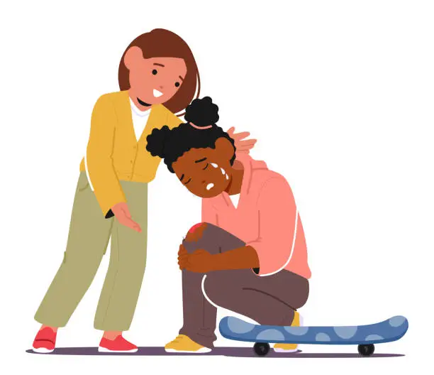 Vector illustration of Gentle, Caring Kid Girl Embraces Her Tearful Friend, Soothing And Supporting After A Skateboard Tumble, Vector