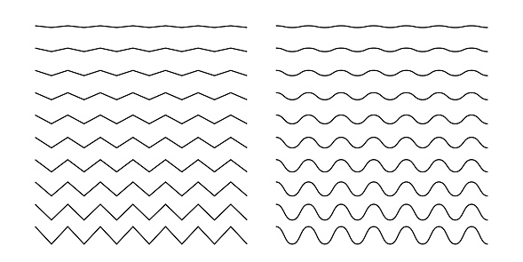Wave and zigzag horizontal lines. Simple curvy and jagged decorative borders isolated on white background. Water, sea, ocean, river, air, wind signs. Corrugated outline textures. Vector illustration