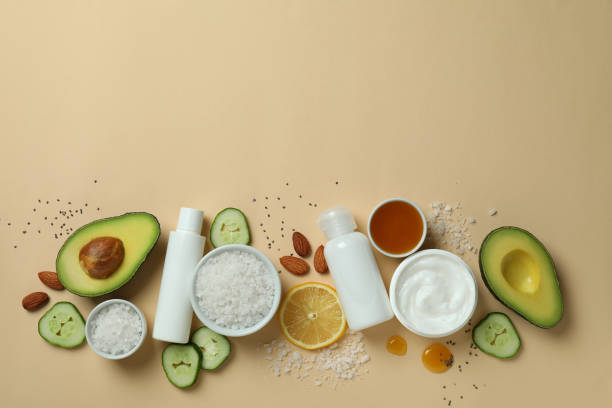 istock Natural spa cosmetics on beige background, top view 1987103723