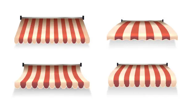 Vector illustration of Striped Store Awnings Set, Realistic 3d Vector Tents Add Charm With Vibrant Patterns, Sheltering From Sun Or Rain