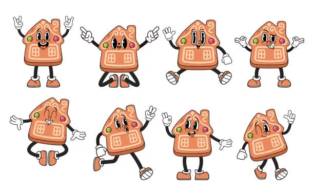 Vector illustration of Retro Groovy Christmas Gingerbread House Cartoon Character. Funky Sweet Pastry Dude Dance, Jump, Express Emotions