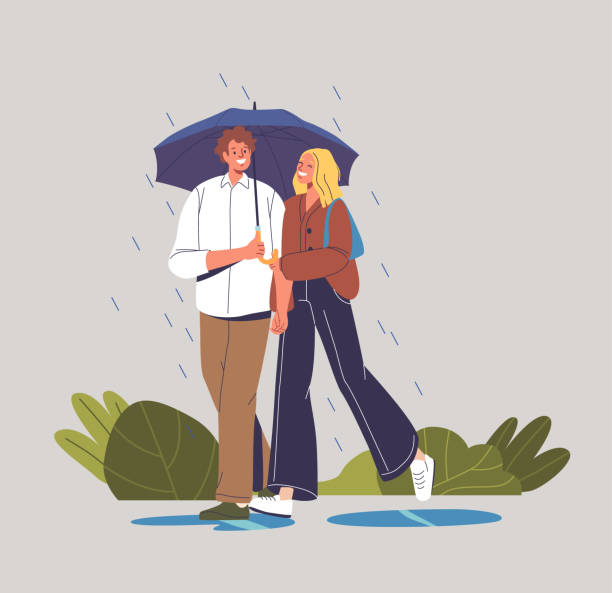 ilustrações de stock, clip art, desenhos animados e ícones de amidst the gentle rain cadence, a couple characters in love finds solace beneath a shared umbrella, vector illustration - solace