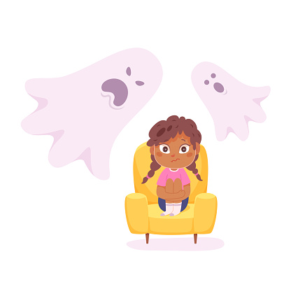 Kids fears vector illustration. Scared crying girl afraid of ghost. Childish phobia. Frightened cartoon young female character. Kid psychologic support.