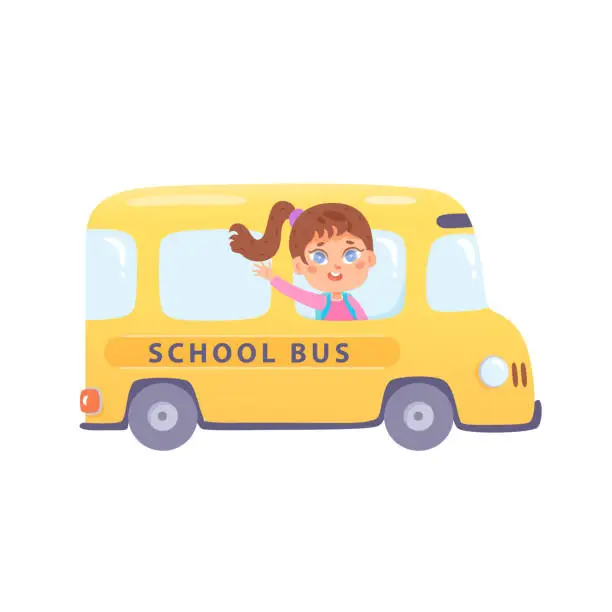 Vector illustration of Cartoon child school bus vector illustration. Cute student girl sitting in yellow autobus and welcome. Funny children riding on auto transport to study. Happy childhood. Back to school