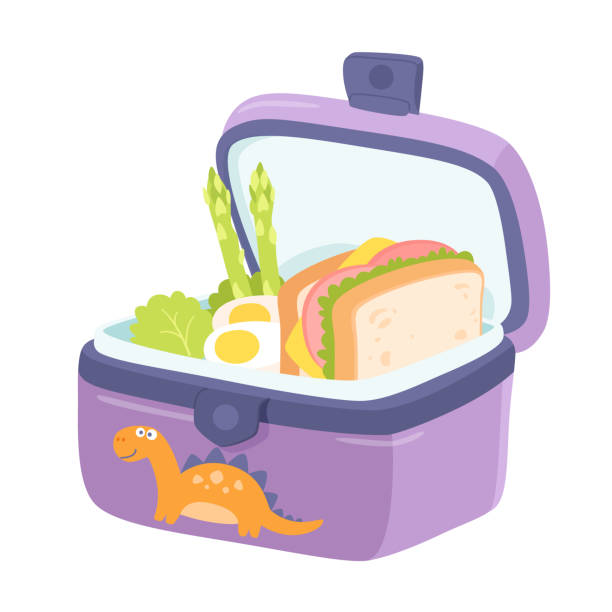 School lunch box vector illustration. Lunchbox for kids. Container with sandwich, eggs and vegetables. Bento. Homemade nutrition. Healthy food concept School lunch box vector illustration. Lunchbox for kids. Container with sandwich, eggs and vegetables. Bento. Homemade nutrition. Healthy food concept. plate of sandwiches stock illustrations