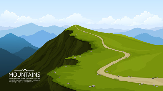 A trail on top of a mountain. High rock, cliff. A panoramic view of the mountain ranges. Hiking, tourism, active recreation. Mountain landscape, summer scenery. Vector illustration.