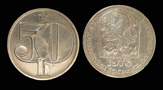 The Czechoslovak koruna, haleru denomination coin, old money of czechoslovakia