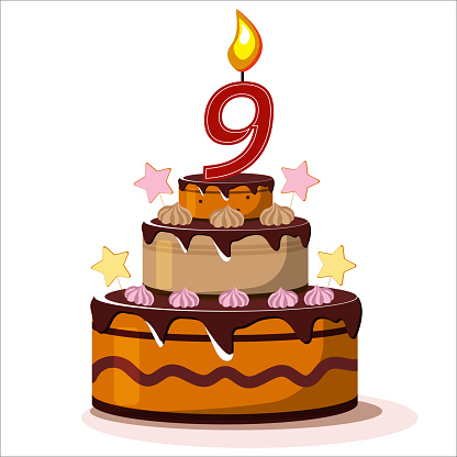 Nine year anniversary. Vector birthday cake. Holiday cake with candle.Big cherry cake on white background. Nine year old baby.