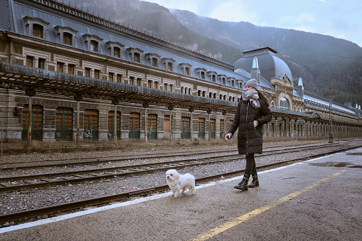 Female in warm coat and with Maltese dog on leash having stroll along railroad platform located in mountains in autumn