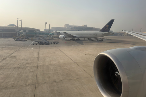 Karachi, Pakistan - January 19, 2024: Saudi Airline in Parking at Karachi international Airport