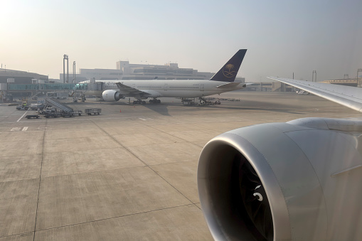 Karachi, Pakistan - January 19, 2024: Saudi Airline in Parking at Karachi international Airport