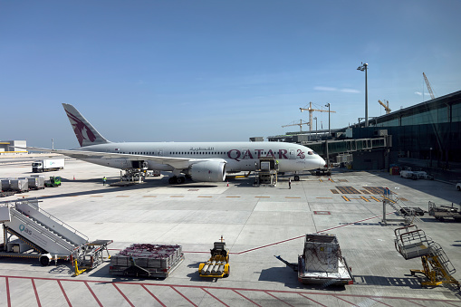 Doha, Qatar - January 19, 2024: Aircraft Qatar Airlines in the parking lot at the Hamad International Airport. Pre-flight check, ground handling.