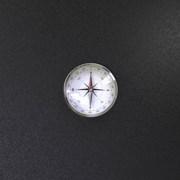 Compass with wind rose over black background view from the top. Orientation concept. 3d illustration