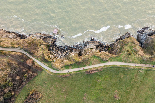 istock Path by the ocean between green fields and water, view from the drone. 1987141188