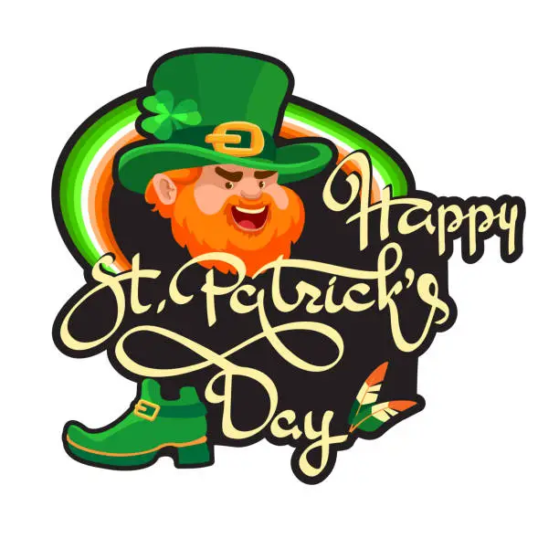 Vector illustration of Happy Saint Patricks Day. Hand-drawn lettering, leprechaun, rainbow. Vector illustration.